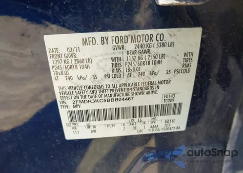 2011 Ford Edge Limited z USA, uszkodzony, nr VIN 2FMDK3KC5BBB04467